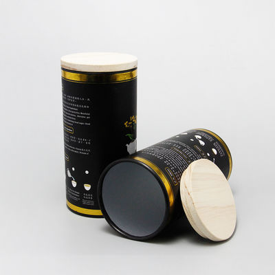 OEM Customized Gold Stamping Food Grade White Cardboard Paper Tube with Wooden Cap Paper Cylinder Container for Tea
